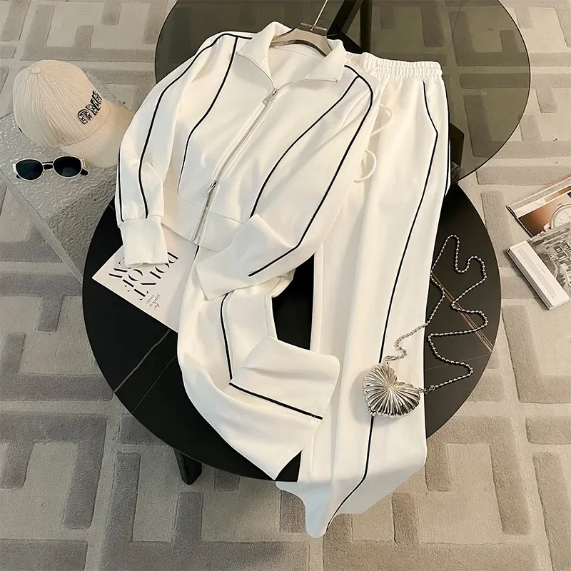 

White Sweatsuit 2 Piece Sets Womens Outfits Long Sleeve Jacket & Loose Pants Sets Female Autumn Chic Casual Clothing