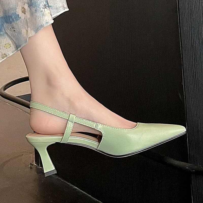 Genuine Leather Summer Shoes For Women Black Nude Gladiator Sandals Slingbacks Heels Mules Green Flip Flops Female Large Size 45