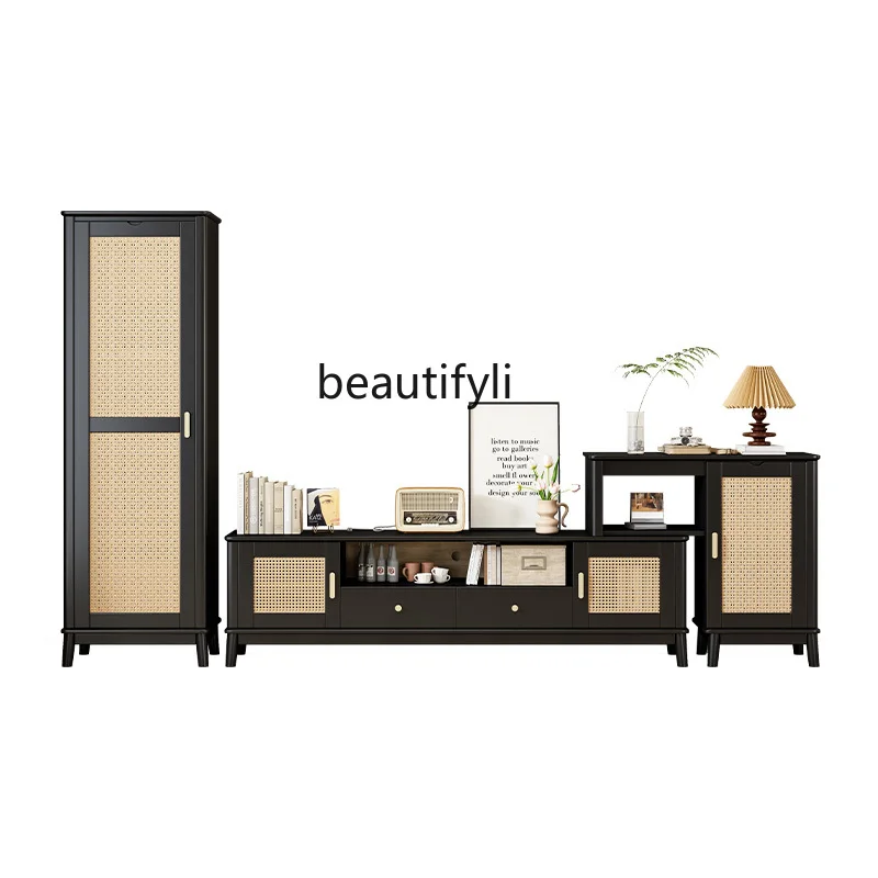 

French Retro Solid Wood Rattan TV Cabinet and Tea Table Combination Home Living Room Floor Cabinet Black Silent Style TV Stand