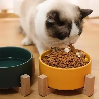 Wooden Rack Bowl Pet Bowl Cat Dog Large Capacity Cat Food Water Feeder Cats Dogs Pet Bowl Accessories Home Pet Small Ceramic