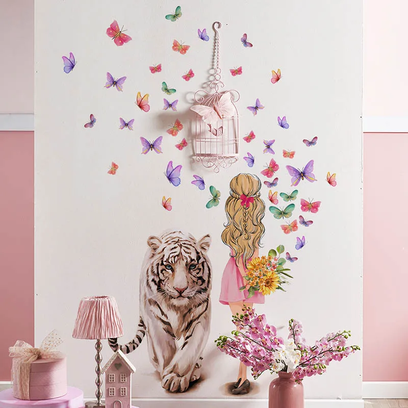 Cartoon Creative Wall Stickers Removable Vinyl PVC Tiger Girl Butterfly Home Decor Living Room Bedroom