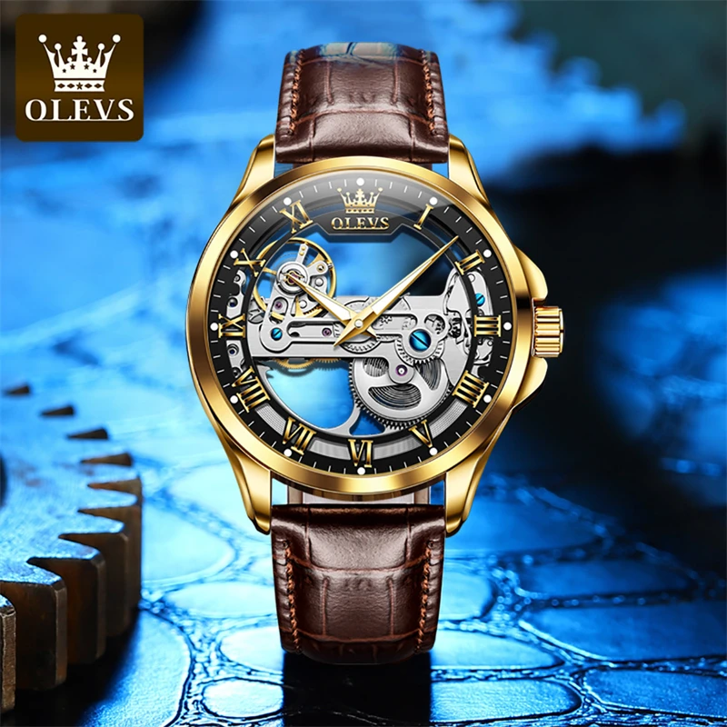 OLEVS Brand Fashion Transparent Mechanical Watch for Men Leather Waterproof Luminous Hands Steampunk Skeleton Watches Mens