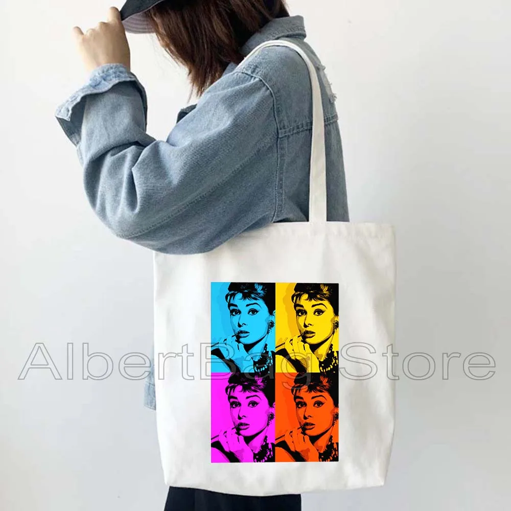 Canvas Tote Bag Shoulder Bag Retro Vintage Audrey Hepburn Pop Art Women Harajuku Handbag Shopper Reusable Foldable