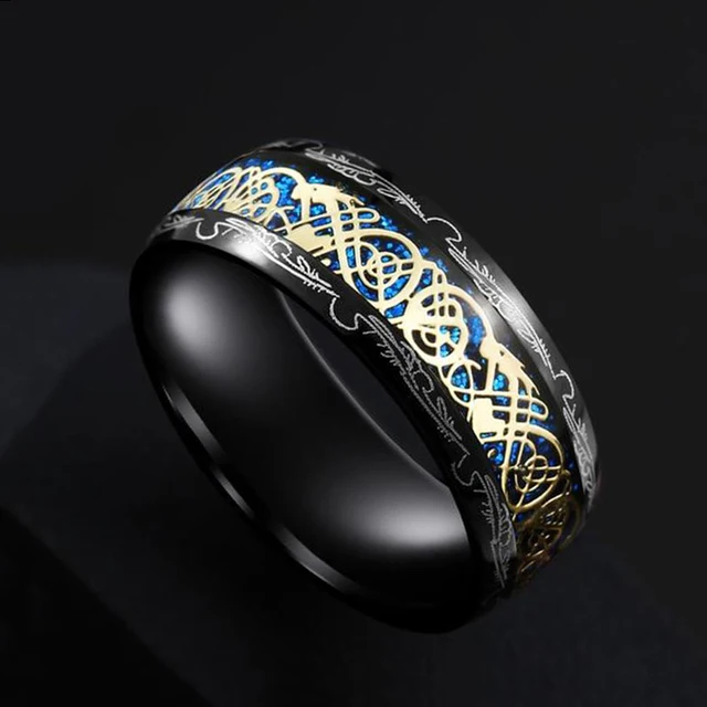 Bague celtique en acier inoxydable pour homme, 21 couleurs, 8 mm, incrustation de dragon rouge, vert, noir, fibre de carbone, alliance, bijoux, taille 6-13