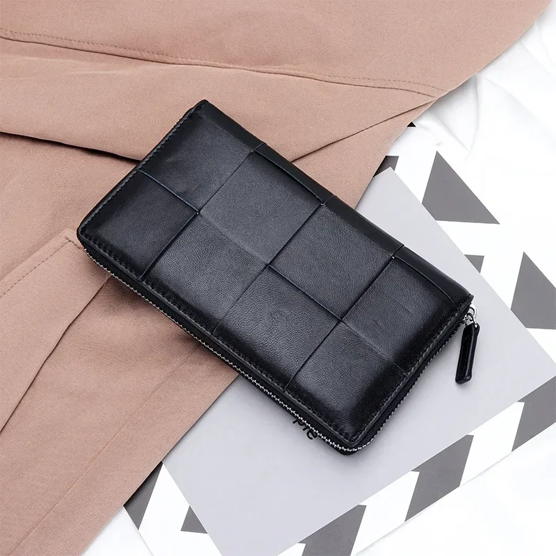 Sheepskin Handbag Women Wallet Real Leather Purse Woven Large Capacity Multi Card Zipper Bag
