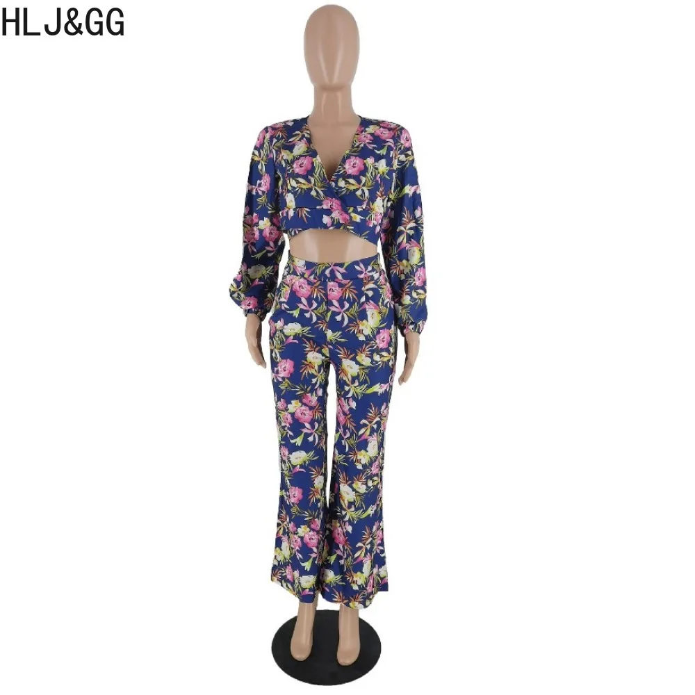 HLJ&GG Spring New Retro Flower Printing Wide Leg Pants Two Piece Sets Women V Neck Long Sleeve Crop Top And Pants Outfits 2024