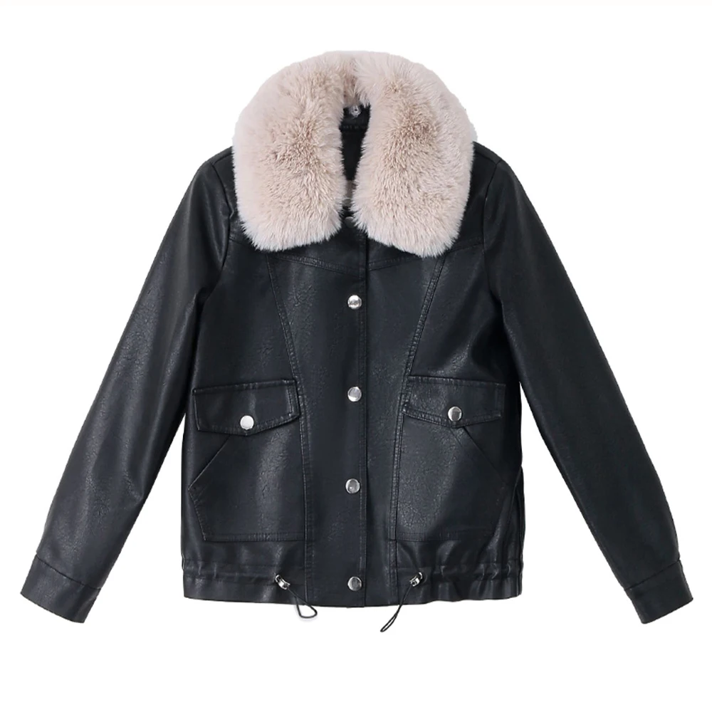 New Women Leather Jacket Autumn Winter Casual Fashion Fur Collar Plus Velvet Lining Thicken Leather Coat Loose Warm Outerw