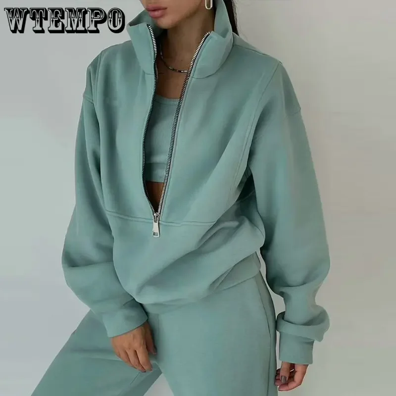 

Women Fleece Tracksuits Loose Polo Zipper Sweatshirts and Trouser Two Piece Set Autumn Winter Female Sports Casual Y2k Warm Suit