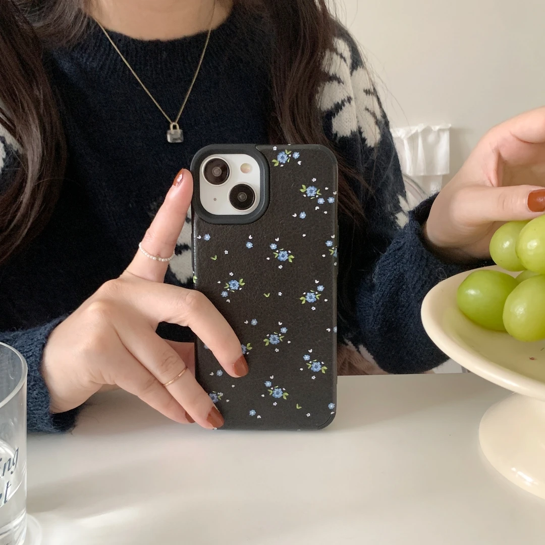 Black Floral Leather Phone Case for iPhone