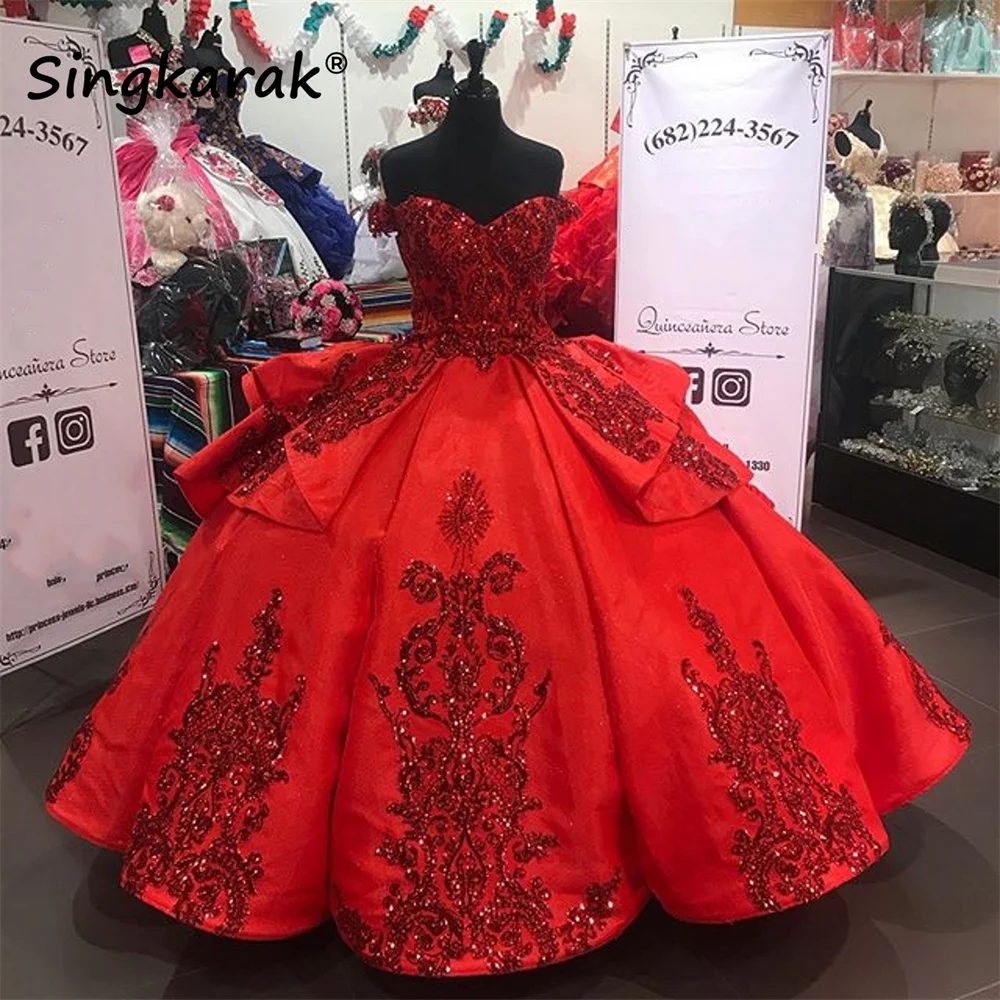 Red Sparkly Quinceanera Prom Dresses 2020 Off Shoulder Lace Applique Sequins Ball Gown Tulle Party Sweet 16 Dress Quinceañera | Свадьбы и