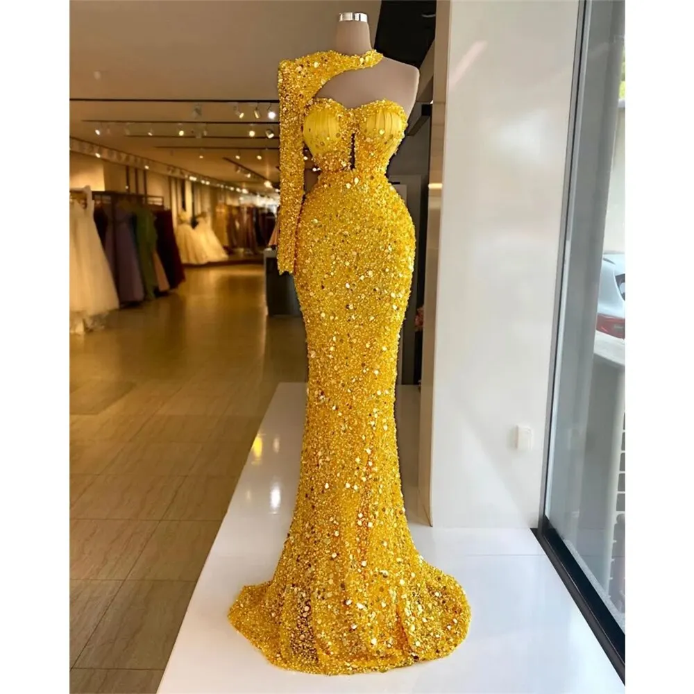 

Shinny Yellow Sequins Beading Crystal Mermaid Evening Dress One Shoulder Halter Neck Blackless Prom Dresses Vestidos de novia