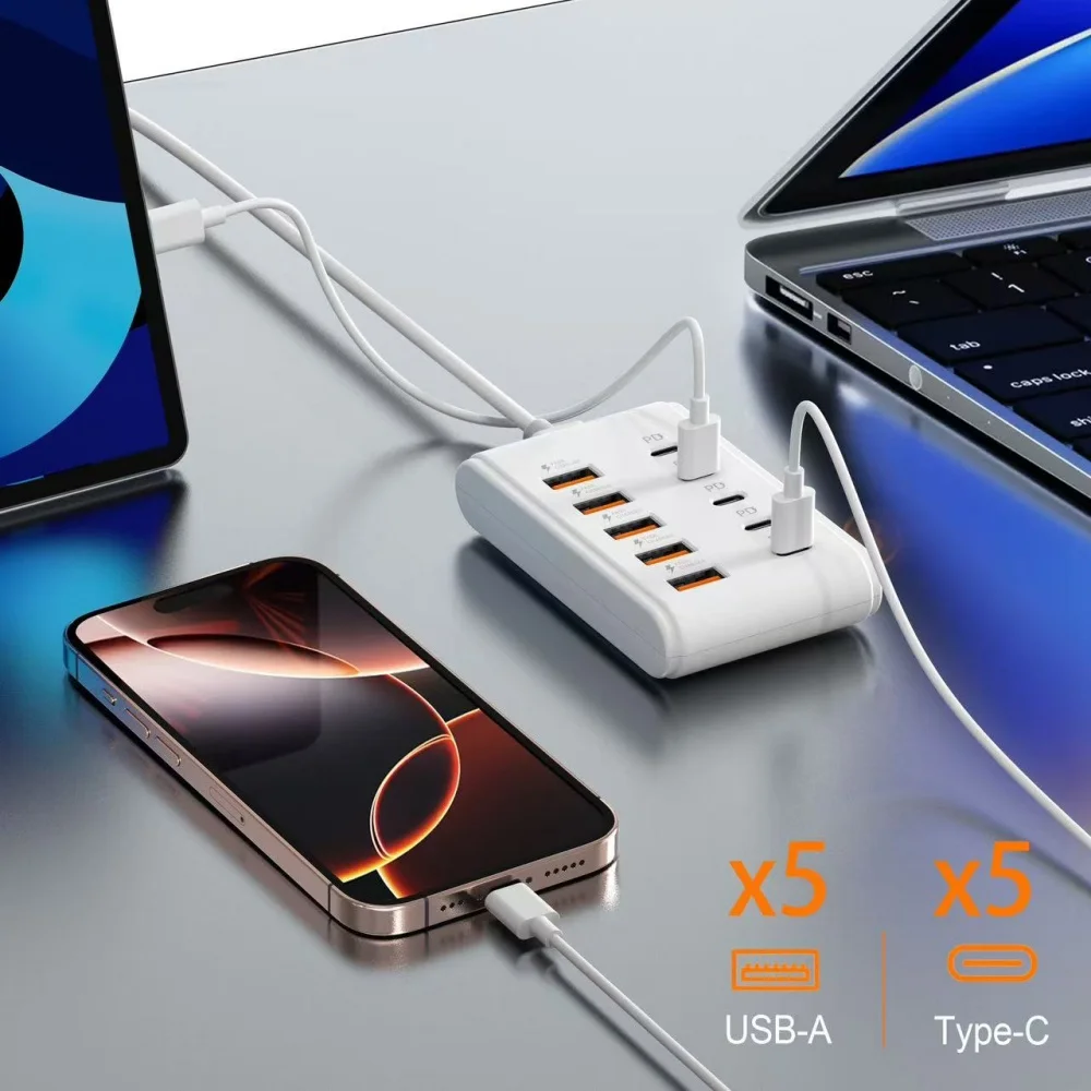 10-in-1 USB Splitter Socket USB 2.0 High Speed Data Transfer USB-C Docking Station Fast Charging Plug For Home Office Travel