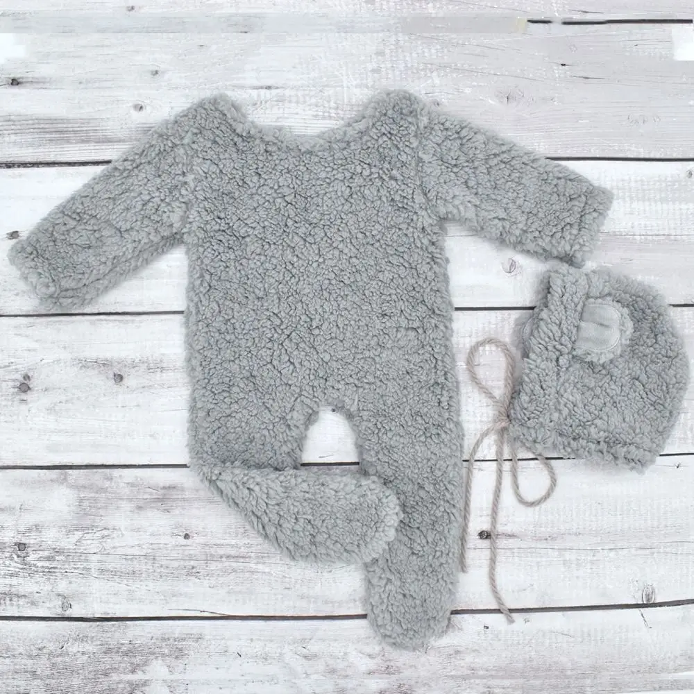 Creative Newborn Photography Props Bear Design Soft Knit Newborn Photoshoot Outfit Bear Ear Hat Footed Romper