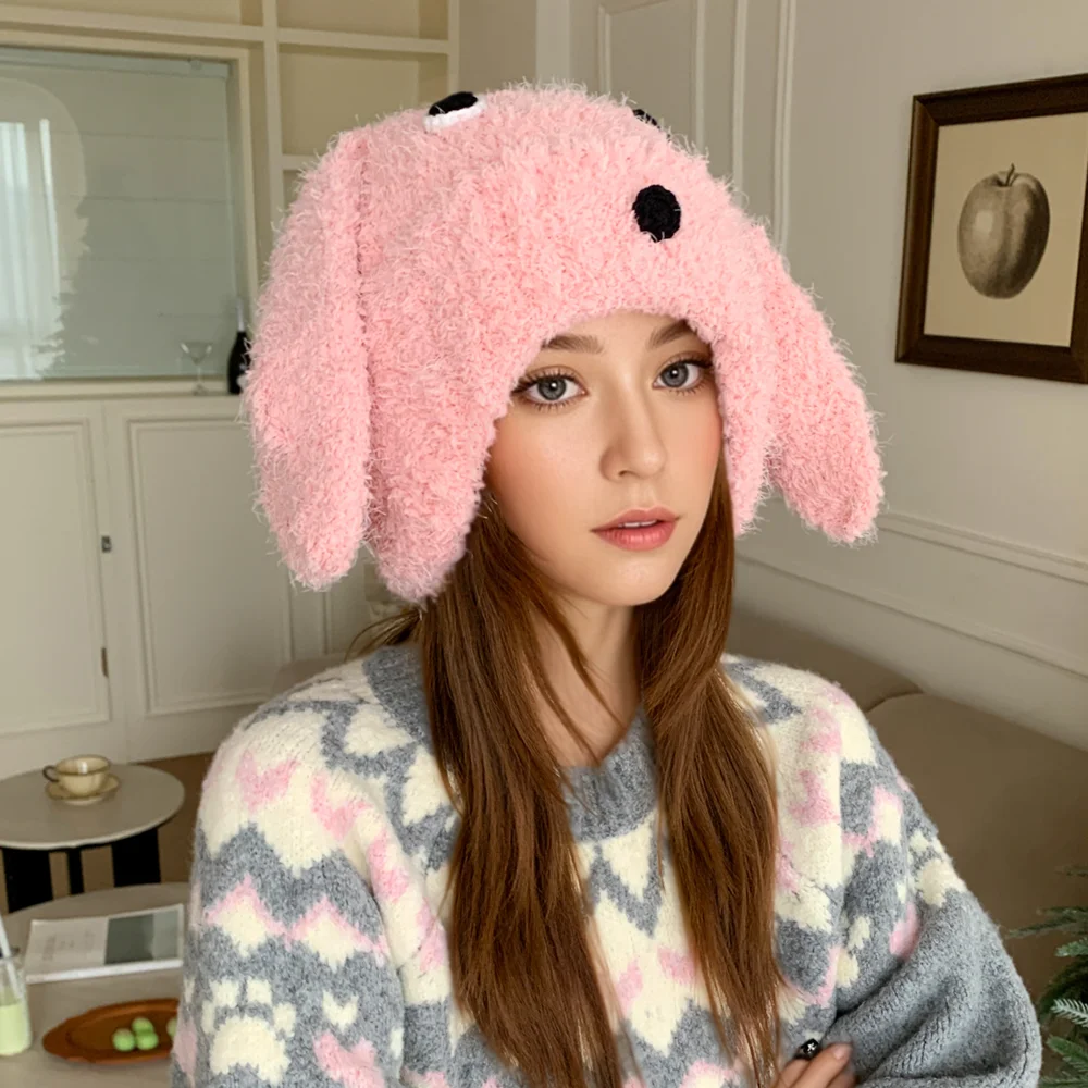 Hot Sale Women Cute Long Ear Plush Fur Warm Winter Hat Trendy Knitted Hat With Earflap Girls Lovely Fashion Hat Dandy Cap
