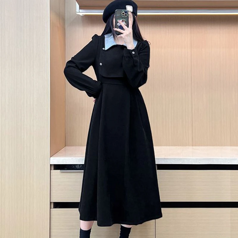 

Long Sleeved Patchwork Preppy Style Dresses Autumn Winter Thicken Warm Notched A-line Dresses Slim Waist Button Bottom Dresses