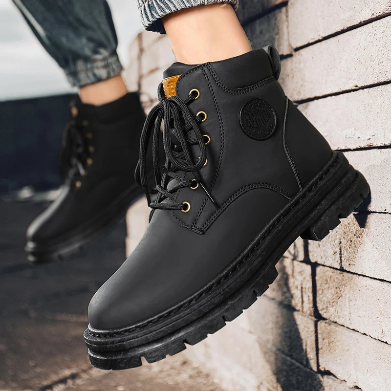 Men's high top boots four season outdoor work shoes anti slip and comfortable yellow boots fashion British casual leather boots - 6