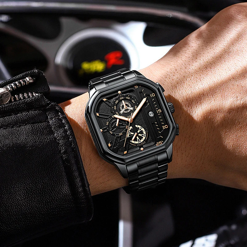 Fashion Casual Business Men Quartz Watch High-end Auto Date Big Square Dial Stainless Steel Band Watches For Man Gifts 4