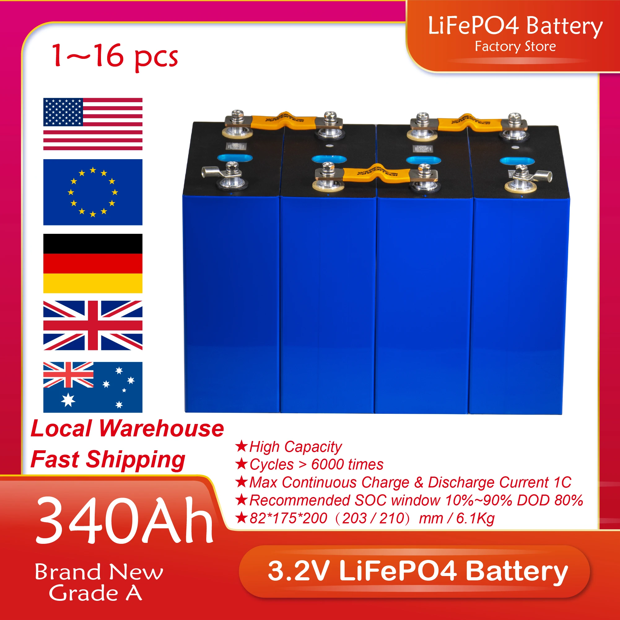 

3.2V 340Ah LiFePO4 Battery Cells 6000 Cycles 2/4/8/16/32/48/64PCS Replacement Lithium Batterie for RV Home Solar Storage System