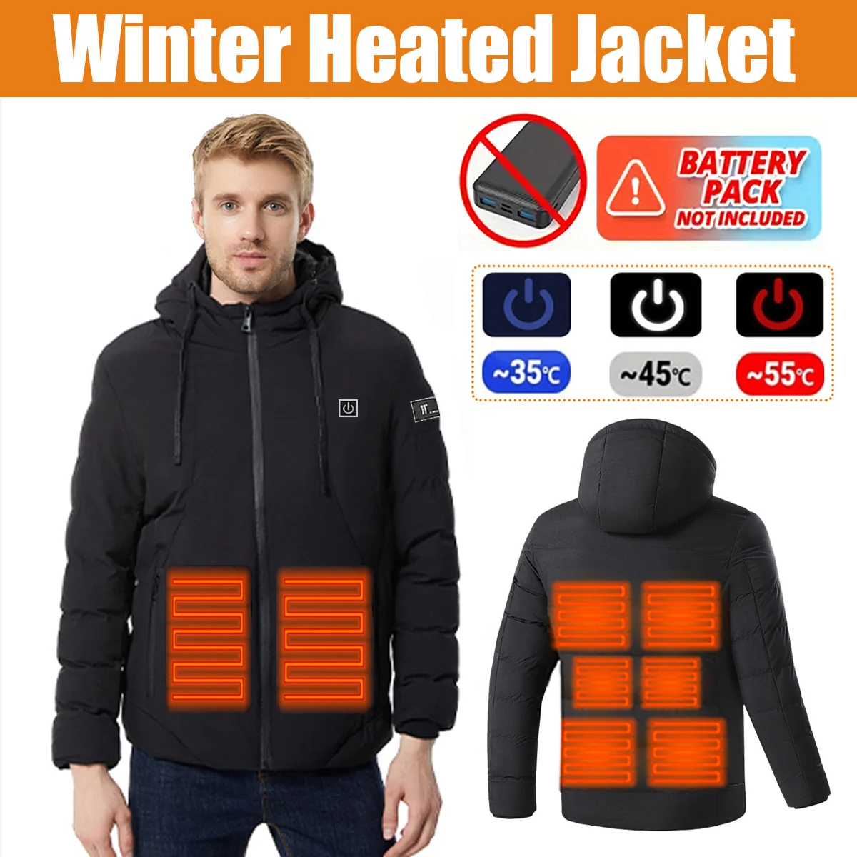 Men's Heated Jacket Winter Warm Outdoor USB Electric Heated Jacket with 9 Carbon Fiber Heating Pads 3 Temperature Levels
