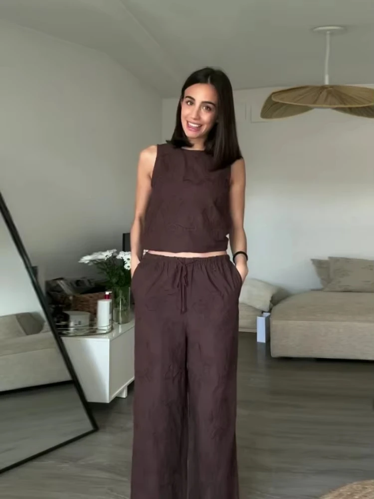 HH Women Solid Embroidery Pant Sets O Neck Sleeveless Vest Tops Loose Casual Drawstring Wide Leg Trousers Office Lady Outfit