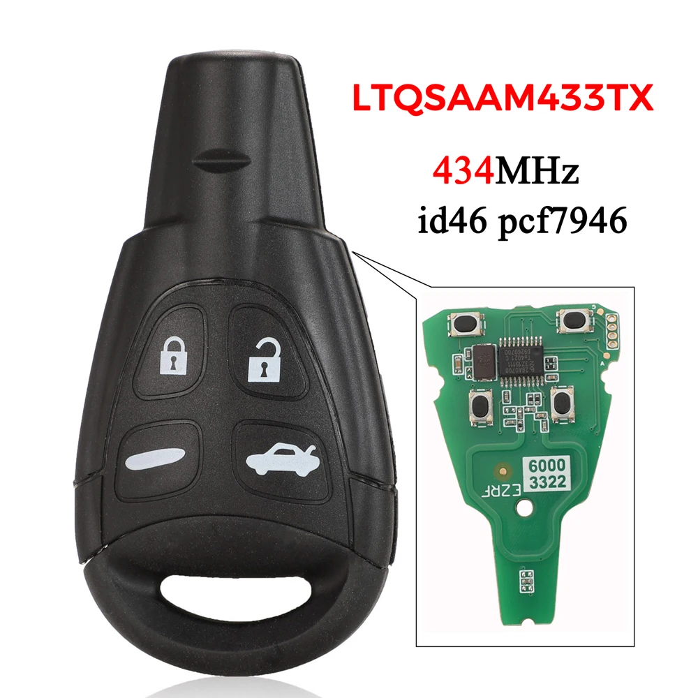 jingyuqin LTQSAAM433TX Replacement 434MHz For SAAB id46 PCF7946 Chip Smart Remote Car Key Fob 4 Buttons