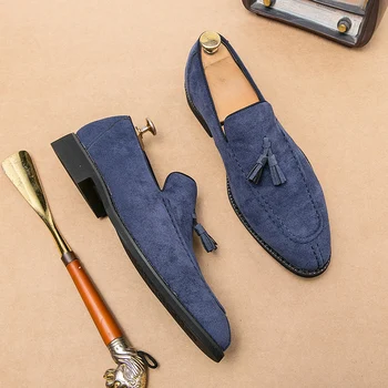 Men's Loafers Brand Suede Leather Shoes Vintage Slip-on Classic Casual Men Driving Shoes Wedding Male Dress Shoes Tassel pointed 1