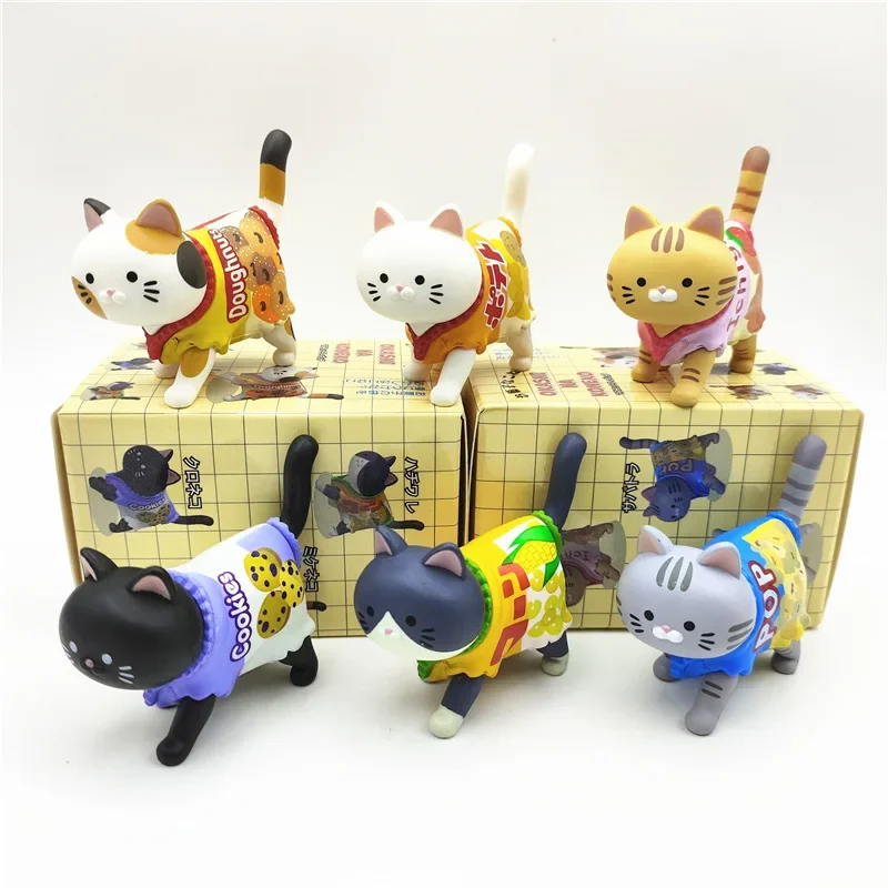 

Snack Cat Model Walking Kittens Wearing Candy Food Packaging Bags Toys Cartoon Garage Kits PVC Gifts Desktop Decoration