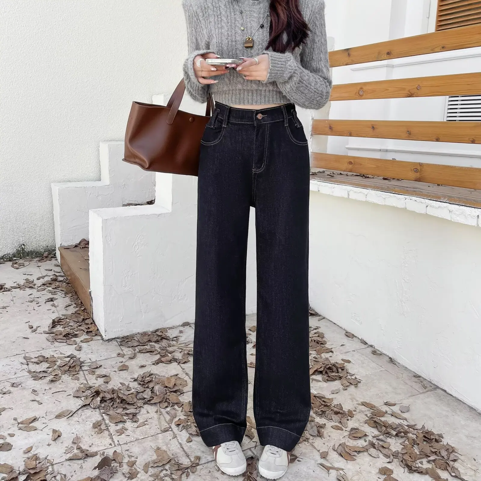 XXXXXL Fashion Plus Size Women's Jeans Autumn Of 2025 New Simple Cuffs Embroidery Denim Straight Leg Long Pants 8660