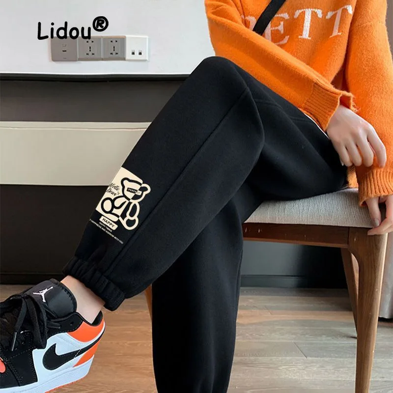 Fashion Printing Little Bear Plush and Thicken Foot-binding Sweatpants Women High-quality Casual Korean All-match Harem Trousers
