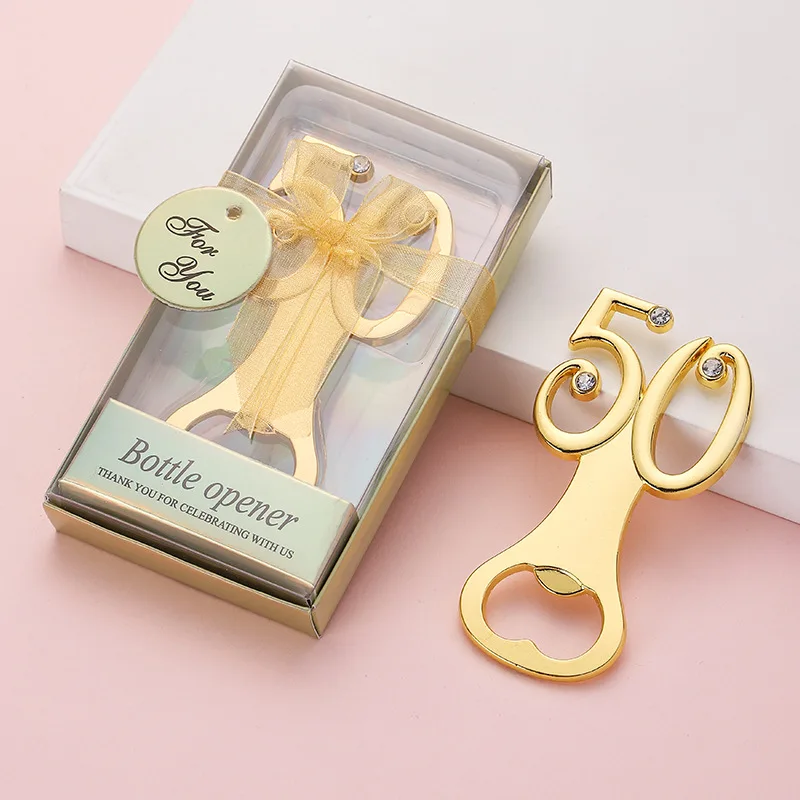 

10PCS X Wholesales Wedding Bottle Openers 50th Design Gold Bottle Opener With Gift Box Packaging Digital 50 Solid Beer Opener