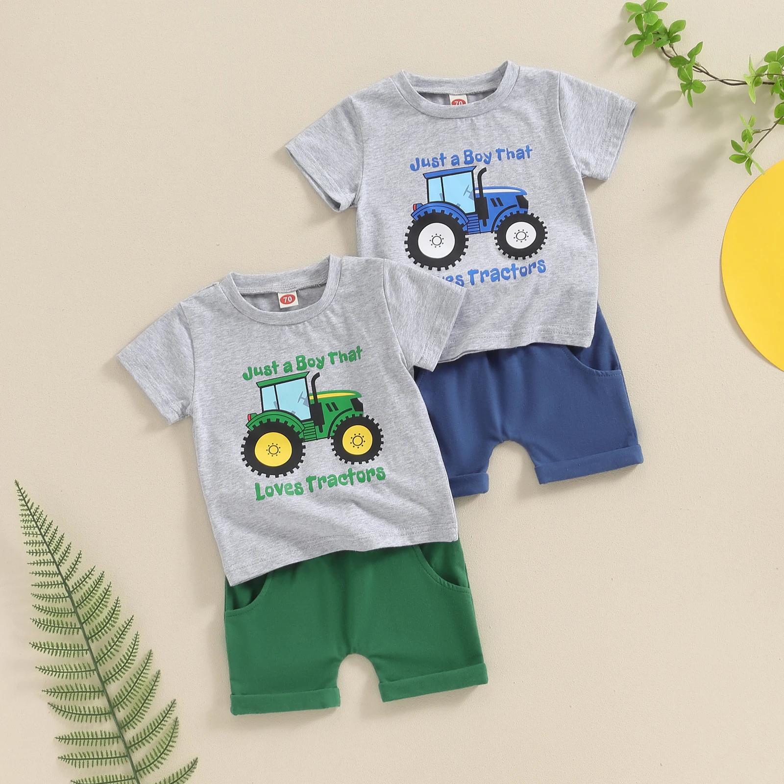 FOCUSNORM 0-4Y Toddler Little Boys Summer Clothes Sets 2pcs Tractor Letter Print Short Sleeve Tops Elastic Waist Shorts