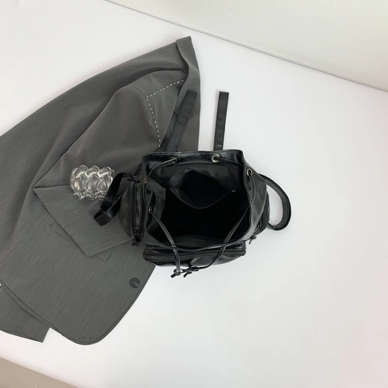 Women Fashion Backpack Multi Pocket Leather Student Laptop Shoulder Bag Punk Rivet Black Handbag For Rock Girls Travel Rucksack 6