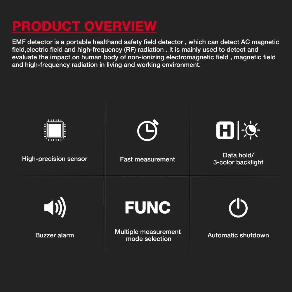 HT627 EMF Meter Professional Electromagnetic Field Radiation Detector Handheld Radio Frequency Warn Meter 3-Colors Backlight