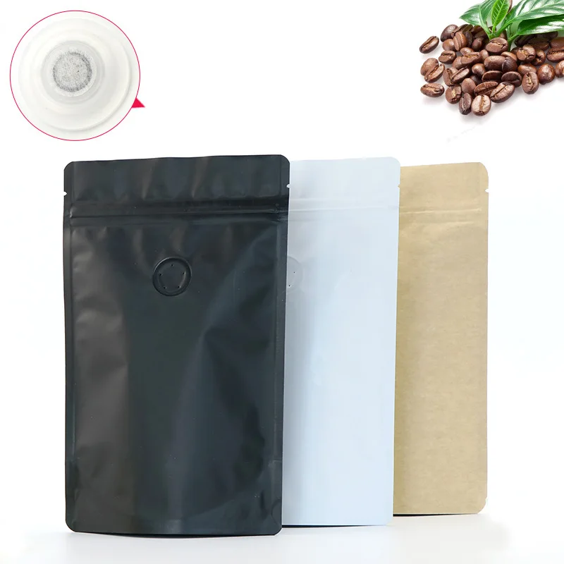 1/4 1/2 1 pound black white kraft coffee bean pouch with one side degassing valve aluminum foil zip lock packaging bag 50pcs
