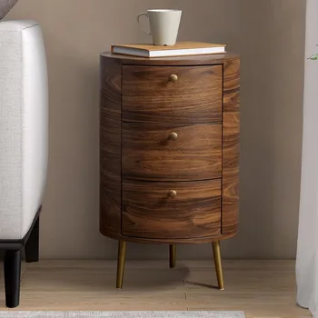 Round End Table with 3 Storage Drawers, Mid Century Modern Small Side Table with Metal Legs, Farmhouse Wood Sofa Side 1