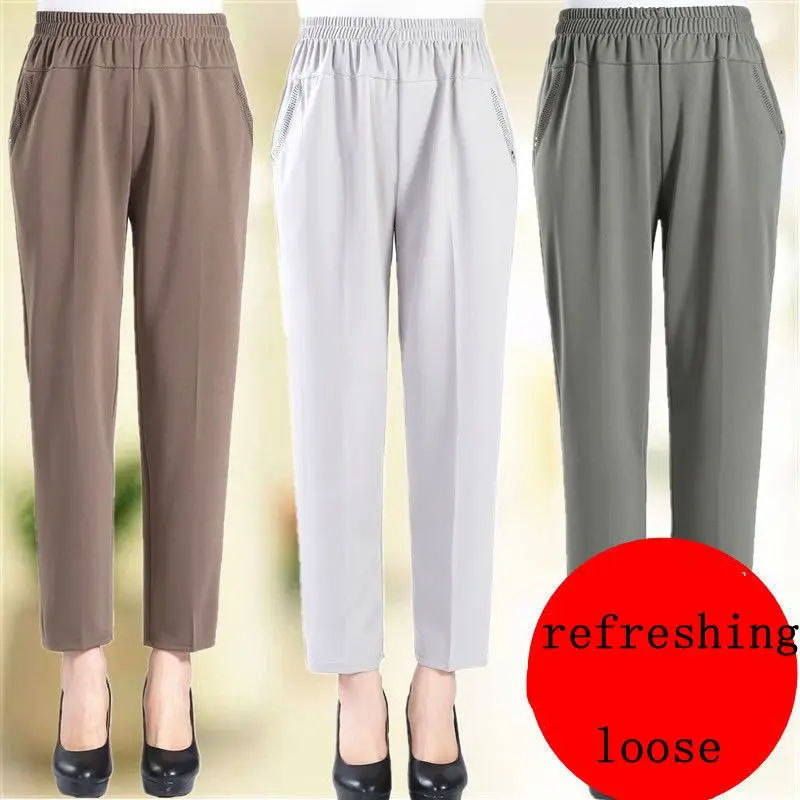 

2022 Middle Aged and Old Women Spring Summer cargo streetwear pants Thin Elastic Waist Loose Cotton Mother Long Casual Trousers
