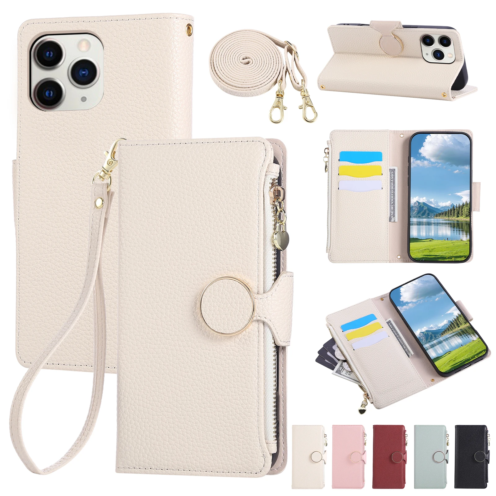 Crossbody Multi-Card Leather Wrist Strap Zipper Case