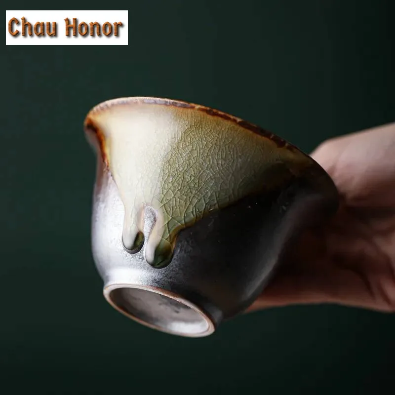 200ml Handmade Wood-fired Ceramic Tea Tureen Retro Coarse Pottery Tea Maker Gaiwan with Lid Household Single Kung Fu Teaware Set