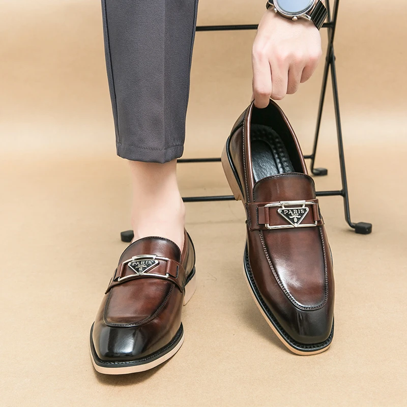 

Brown Men's Formal Shoes Black Loafers Round Toe Slip-On Solid Handmade Dress Shoes for Men Size 38-44