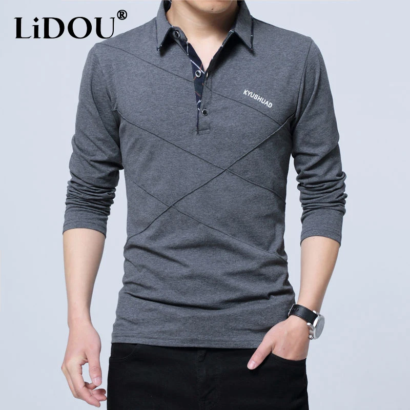 

Spring Autumn New Solid Color Turn-down Collar Long Sleeve T-shirt Man Button Loose Casual Pullovers Men Cotton All-match Tees
