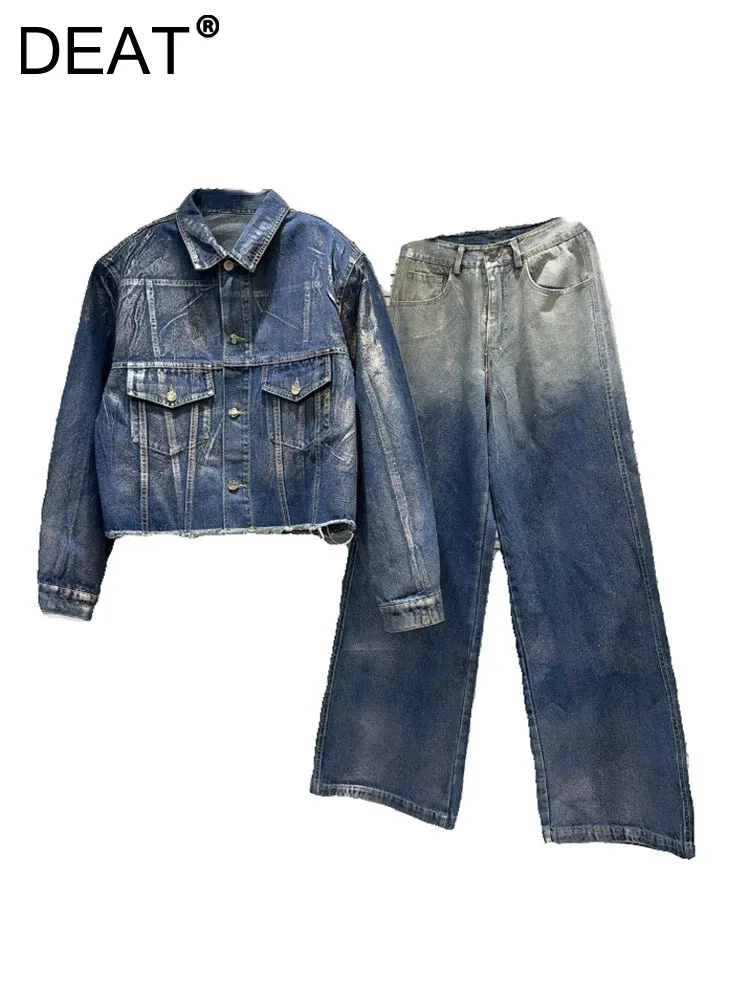 

DEAT Women's Loose Coated Printed Denim Jackets Gradient Blue Silver Straight Blue Plated Jeans 2024 Summer New Fashion 11XX8937