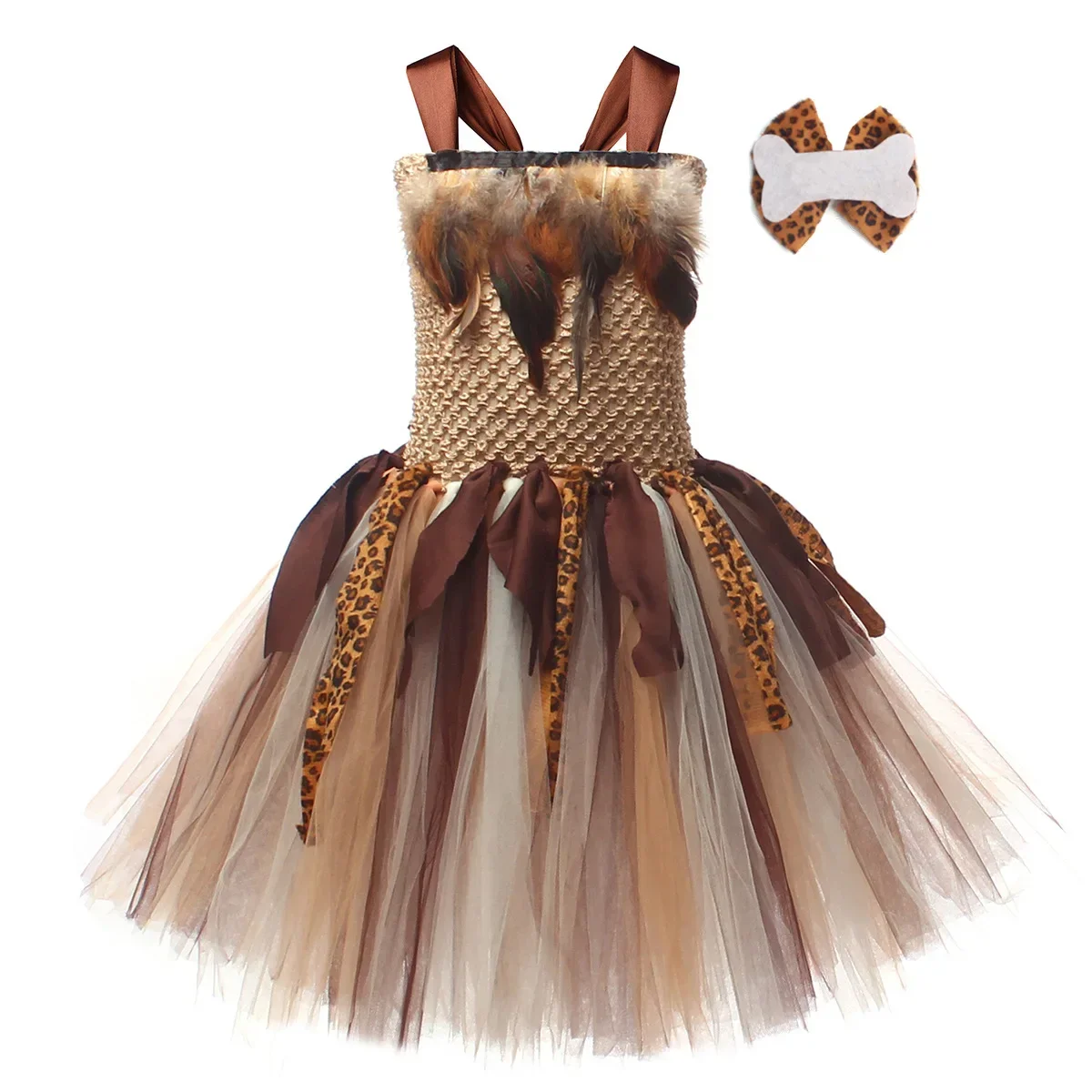 Cosplay Costume Kids Girls Dress Animal Tutu Skirt Outfit Cave Leopard Girl Tutu Dress Wild Man Indigenous Primitive Person Animal Kid Baby Cosplay Birthday Jungle Party Dresses Costume