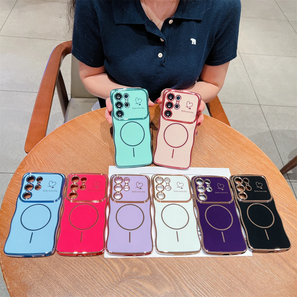 Love Heart Wavy Plating Phone Case with Magnetic Wireless Charging Cover