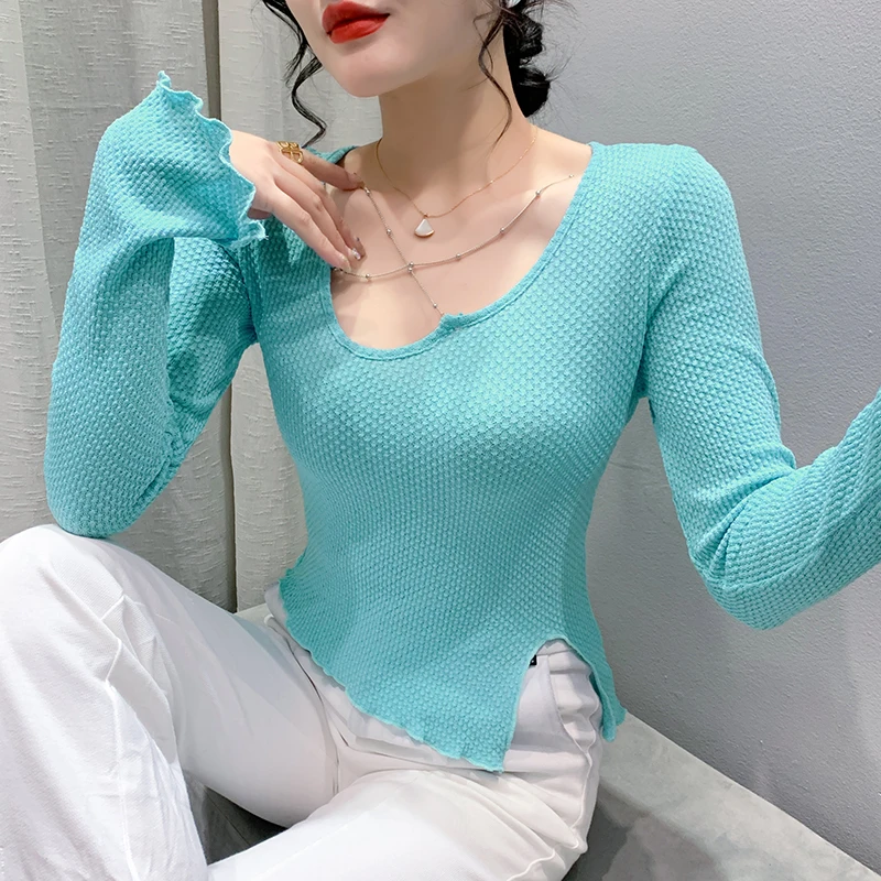 

2023 New Fall Korean Clothes T-Shirt Women Sexy O-Neck Hollow Out Ruffles Tops Long Sleeve Irregular Bottoming Shirt Tees 37117