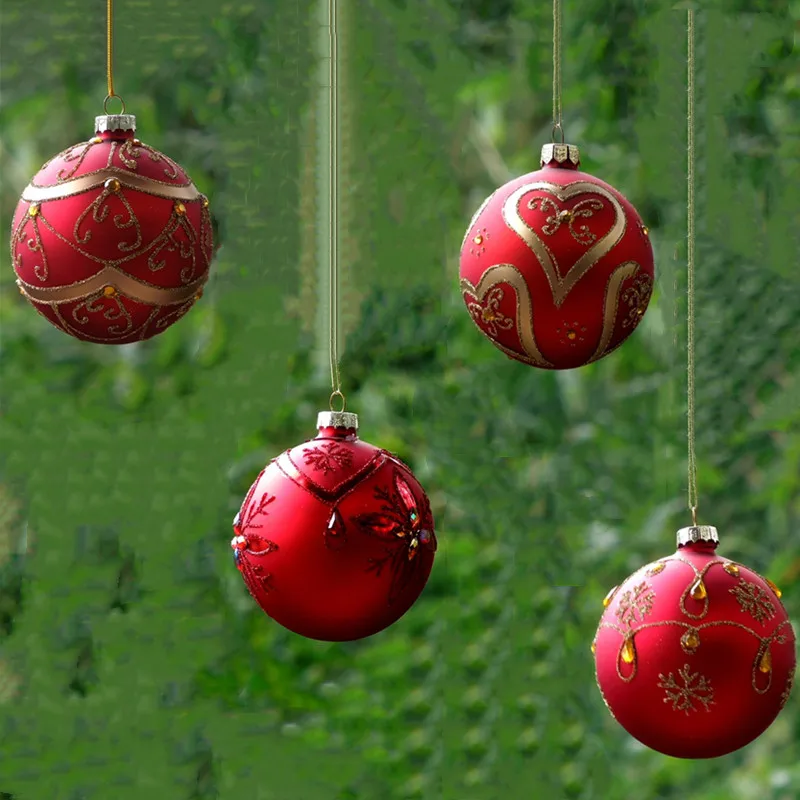 

48pcs/pack Diameter=8cm Four Different Design Hand Painting Red Series Christmas Day Glass Globe Lamp Blown Ball Decoration