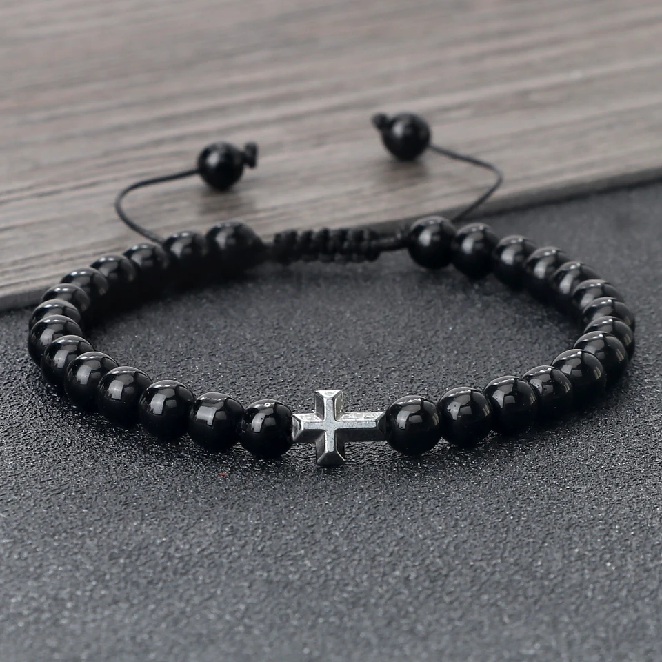 Fascino 6mm Perline di pietra naturale Bracciale intrecciato Preghiera Uomo Donna Cristiano Gesù Benedizione Croce Braccialetti Braccialetti Gioielli di amicizia  36