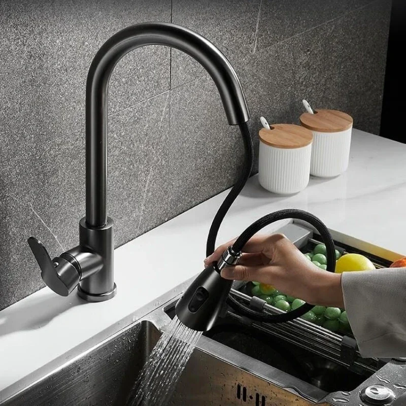 Pull-Out Water Tap Faucet 2 Sprayer Modes 360 Degree Rotation Stainless Steel Hot and Cold Water Mixer For Kitchen
