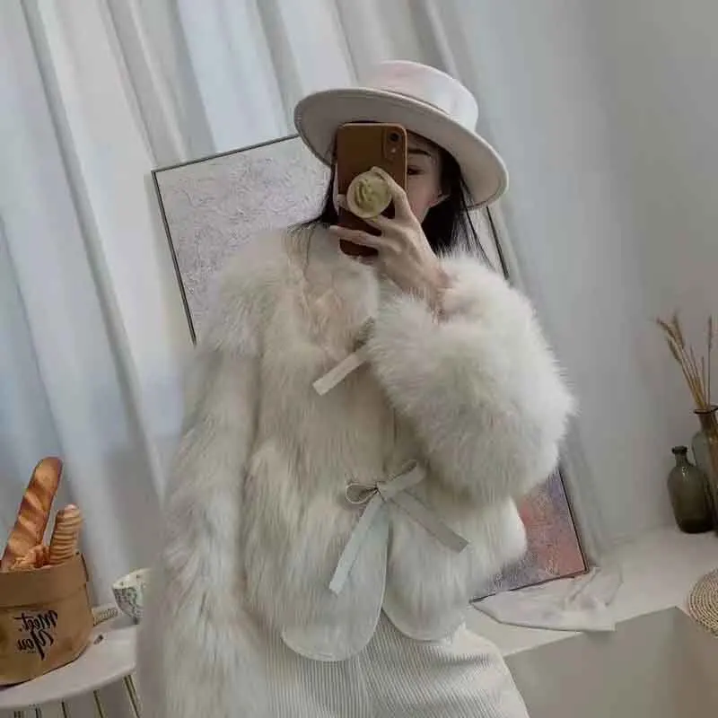 Autumn Faux Fur Crop Coat Women Y2K Fashion Streetwear O Neck Fluffy Short Fur Jacket Korean Elegant Lace Up Faux Fox Fur Parkas 5
