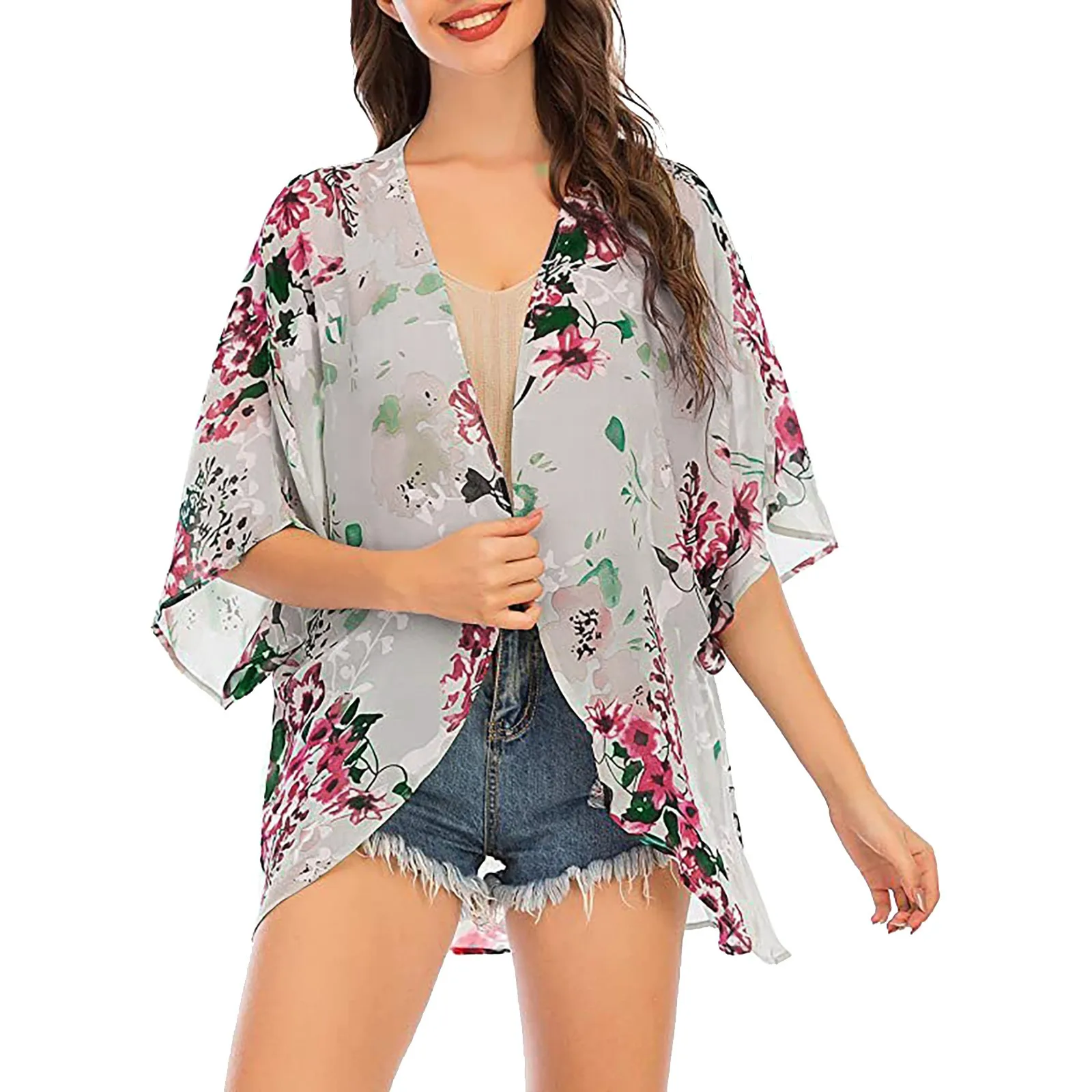 

Floral Chiffon Shawl Women's Batwing Sleeve Chiffon Cardigan Cover Up Kimono Beachwear Cover Up Beachwear Beach Sunscreen Blouse