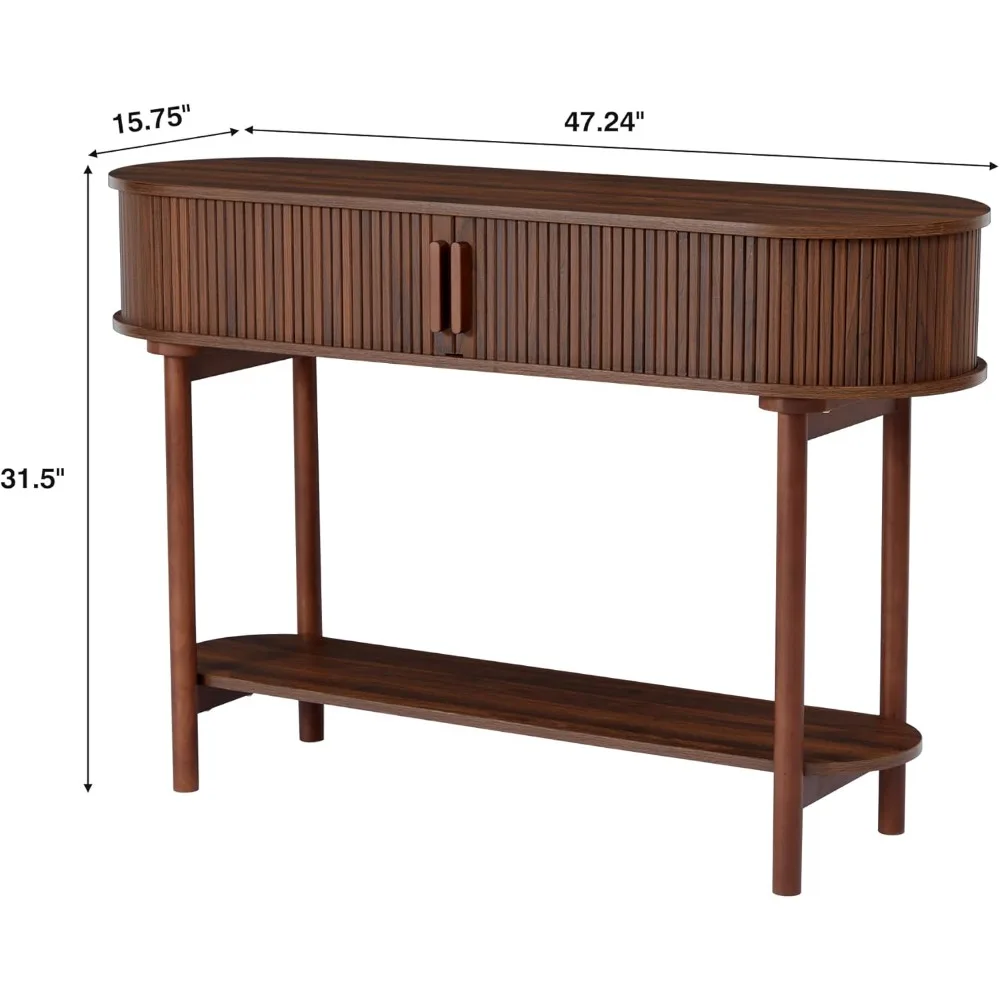 Fluted Console Table, Modern Entryway Table with Tambour Sliding Door, 2-Tier Sofa Table with Storage, Side Table Behind 2